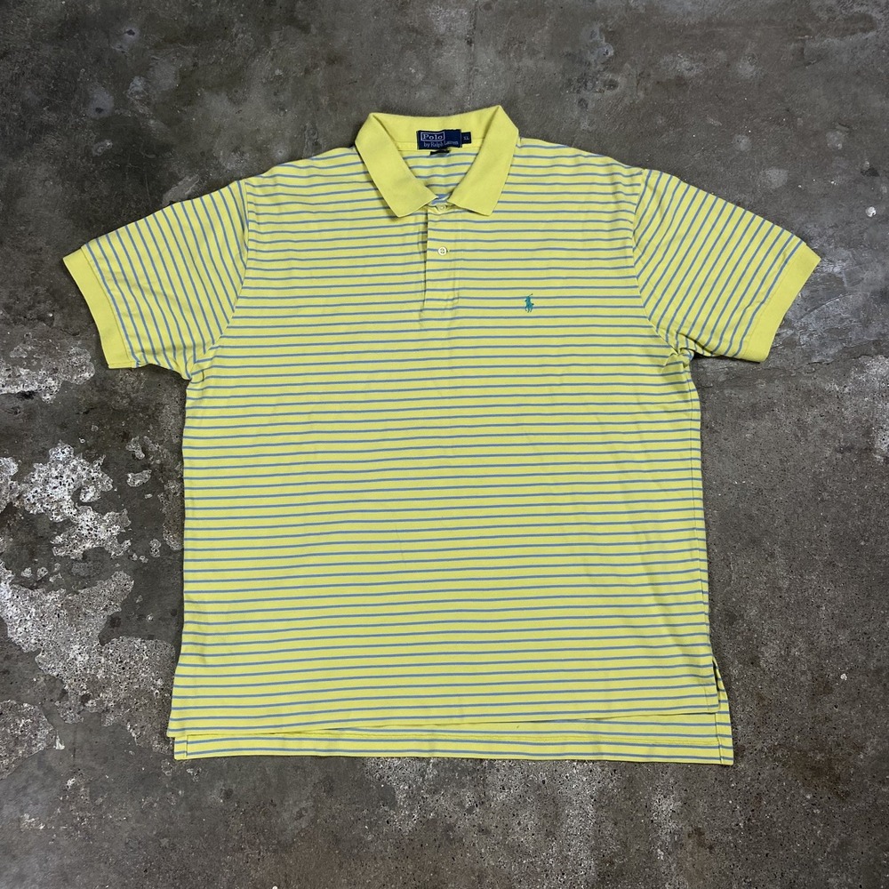 Vintage 90s Polo Ralph Lauren Polo Shirt Size XL Yellow Blue Striped Pony Logo